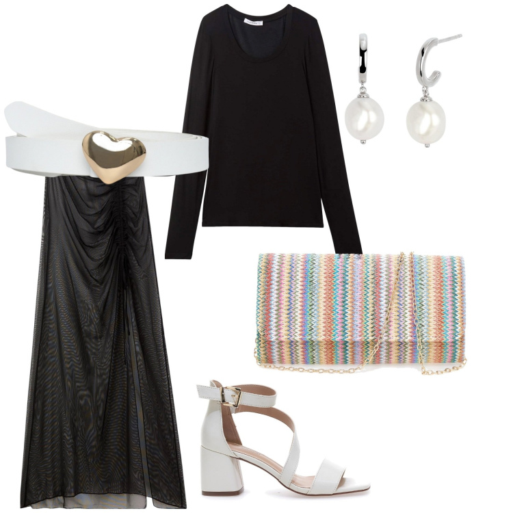 Outfit donna - Accessori primavera. per Serata fuori. Abbinamento con gonne lunghe, cinture, t-shirt, orecchini, sandali col tacco, pochette.