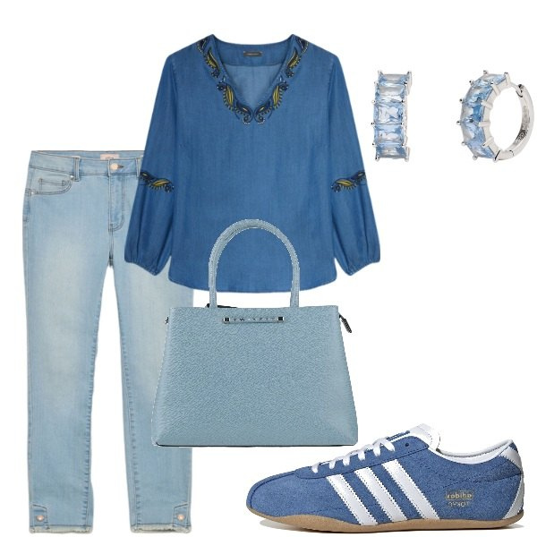 Outfit donna - Colori di Aprile. Stile Casual per Tutti i giorni. Abbinamento con borse a mano, orecchini, bluse, sneakers, jeans skinny.