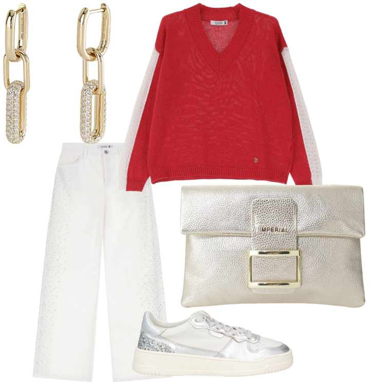 Outfit donna - Accessori primavera. per Tutti i giorni. Abbinamento con sneakers, orecchini, pantaloni, pullovers, pochette.