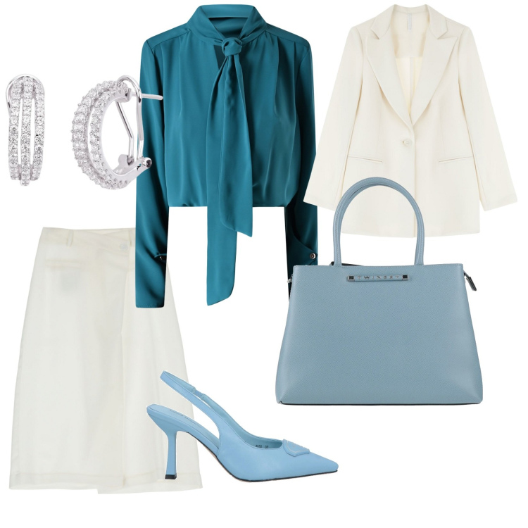 Outfit donna - Accessori primavera. per Ufficio. Abbinamento con décolleté, borse a mano, orecchini, bluse, blazer, pantaloni.