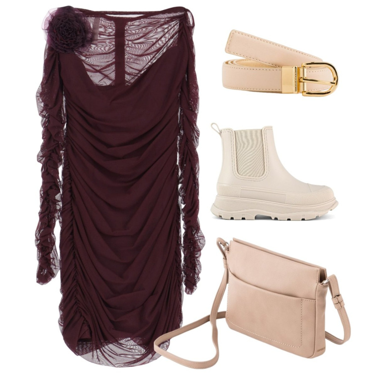 Outfit donna - Abito con cintura. Stile Glamour per Ufficio. Abbinamento con vestiti corti, stivali, cinture, borse a tracolla.