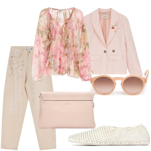 Outfit donna - Colori di Aprile. Stile Casual per Tutti i giorni. Abbinamento con pantaloni, blazer, camicie, occhiali da sole, ballerine, borse a tracolla.