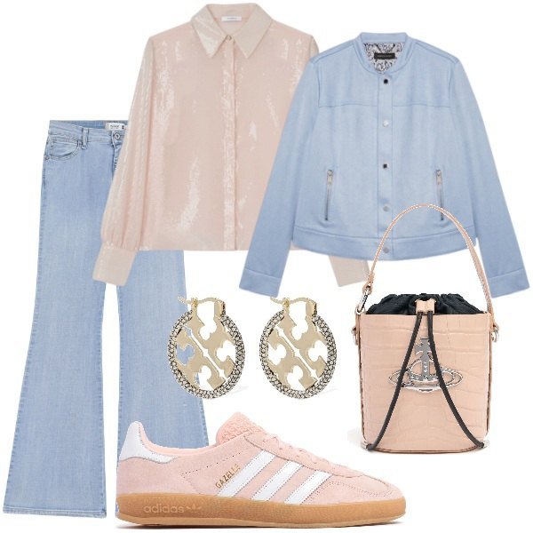 Outfit donna - Colori di Aprile. Stile Casual per Tutti i giorni. Abbinamento con jeans a zampa, blazer, borse a mano, sneakers, orecchini, camicie.