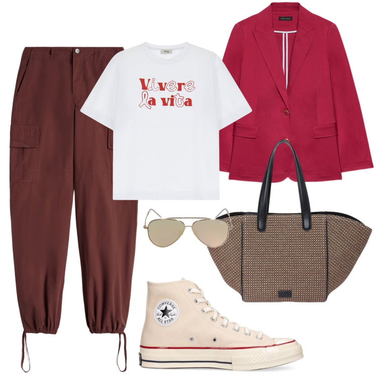 Outfit donna - Lo stile Athleisure. Stile Trendy per Ufficio. Abbinamento con pantaloni cargo, t-shirt, blazer, sneakers, occhiali da sole, shopping bag.
