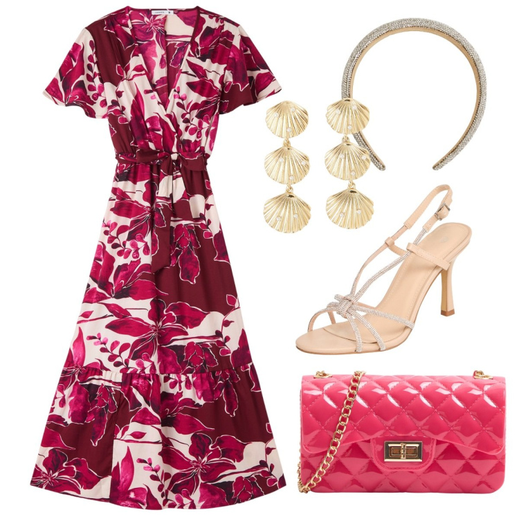 Outfit donna - Abito+sandali con tacco. Stile Romantica per Cerimonia. Abbinamento con borse a tracolla, orecchini, vestiti lunghi, sandali col tacco, cerchietti.