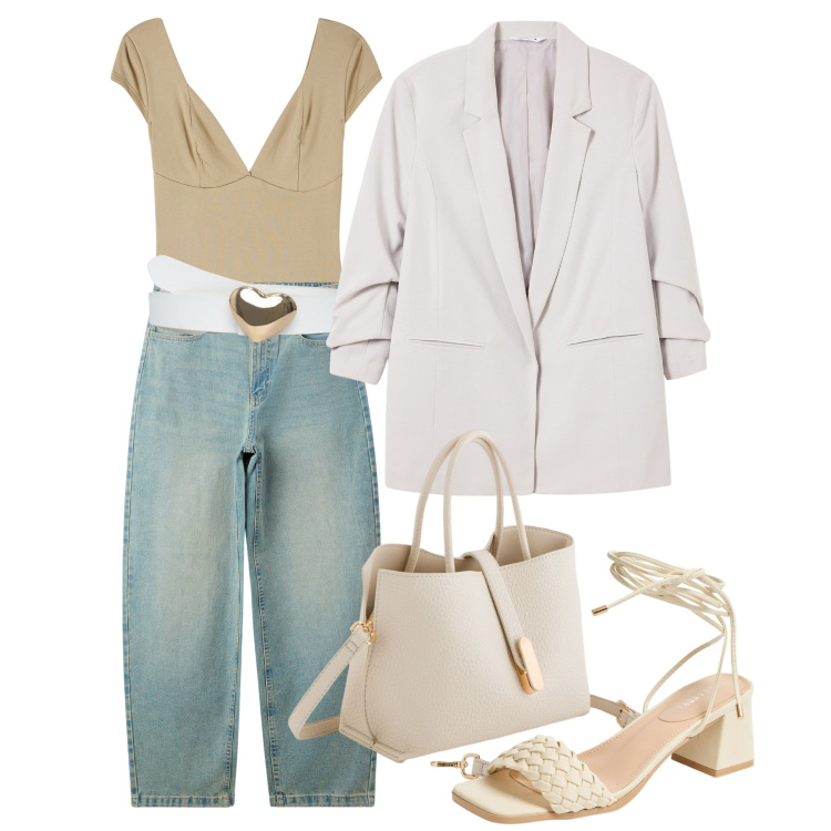 Outfit donna - Sablè. Stile Casual chic per Tutti i giorni. Abbinamento con jeans, cinture, blazer, t-shirt, sandali alla schiava, borse a mano.