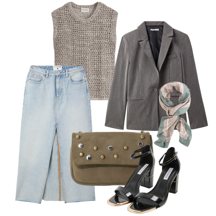 Outfit donna - Verso maggio. Stile Casual chic per Tutti i giorni. Abbinamento con top, blazer, sabot, gonne lunghe, borse a tracolla, foulard.