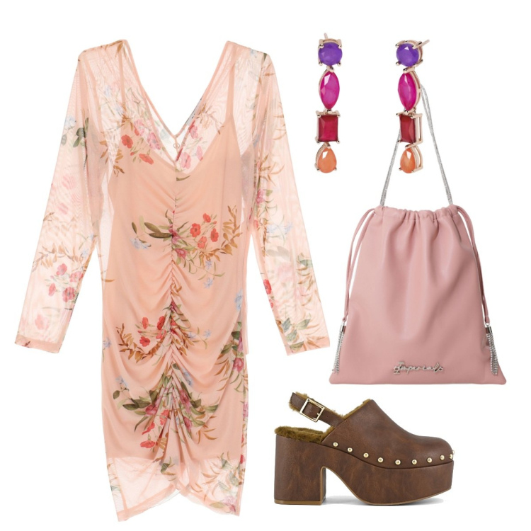 Outfit donna - Abito a fantasia. Stile Boho per Serata fuori. Abbinamento con orecchini, vestiti corti, borse a secchiello, sabot.