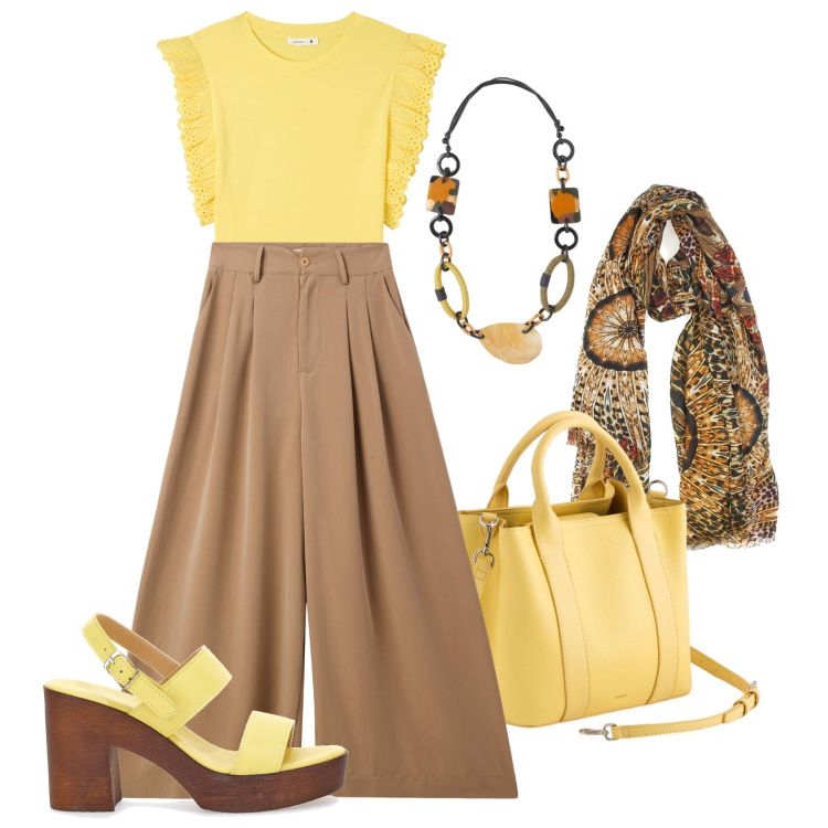 Outfit donna - Accessori luminosi all day long. Stile Trendy per Tutti i giorni. Abbinamento con pantaloni, t-shirt, zoccoli, borse a mano, collane, foulard.