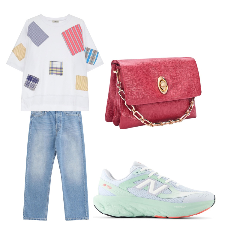 Outfit donna - Aperitivo. Stile Trendy per Tutti i giorni. Abbinamento con sneakers, jeans, t-shirt, borse a tracolla.