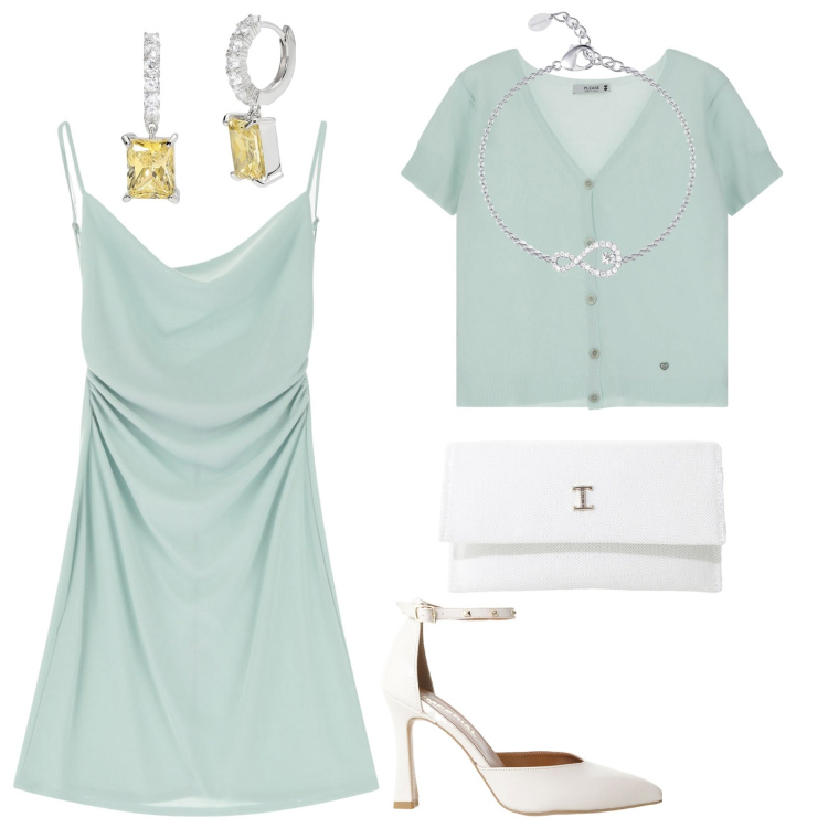 Outfit donna - In verde con stile. Stile Basic per Serata fuori. Abbinamento con braccialetti, orecchini, vestiti corti, cardigans, décolleté, borse a tracolla.