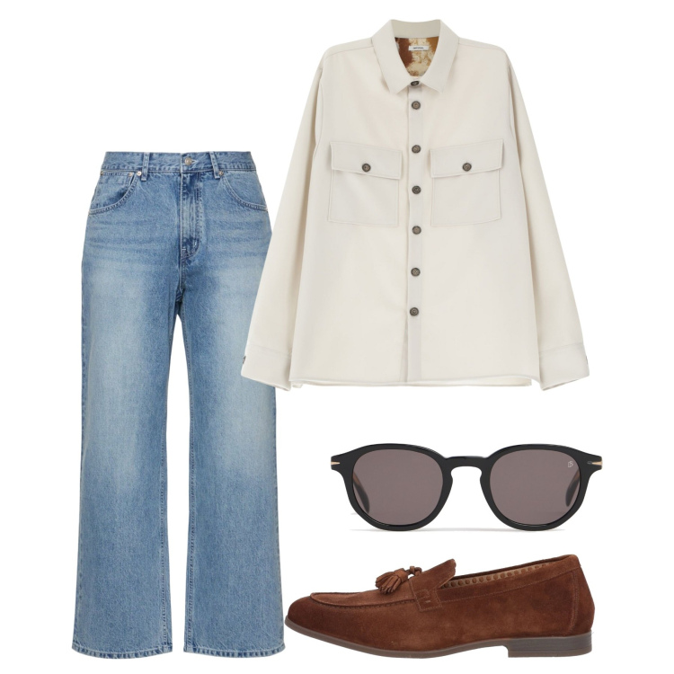 Outfit uomo - Aprile. Stile Casual per Tutti i giorni. Abbinamento con scarpe stringate, camicie, occhiali da sole, jeans.