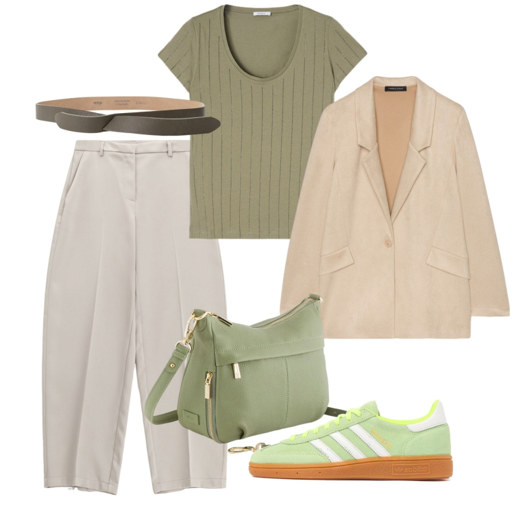 Outfit donna - Primavera. Stile Bon Ton per Tutti i giorni. Abbinamento con pantaloni, cinture, blazer, sneakers, borse a tracolla, t-shirt.