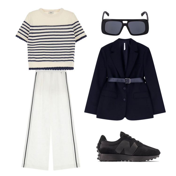 Outfit donna - In black e wait. Stile Casual per Tutti i giorni. Abbinamento con sneakers, pantaloni a palazzo, blazer, maglieria, occhiali da sole.