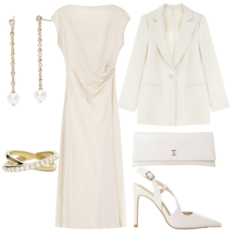 Outfit donna - Total look #2111194. Stile Chic per Cerimonia. Abbinamento con anelli, orecchini, blazer, vestiti lunghi, décolleté, pochette.