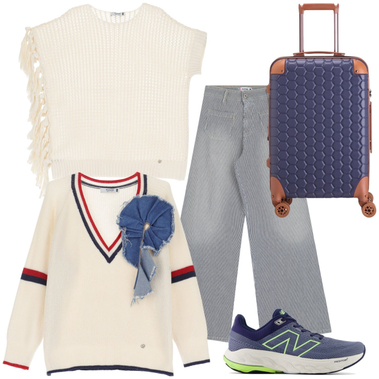 Outfit donna - Please in viaggio. Stile Trendy per Tutti i giorni. Abbinamento con sneakers, jeans a zampa, maglieria, maglieria, valigie.