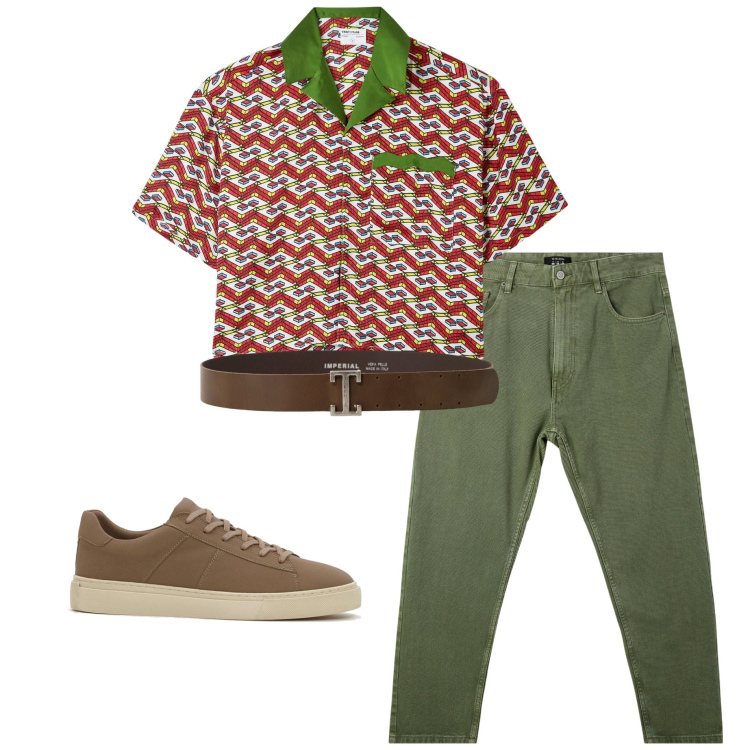 Outfit uomo - Stampe geometriche. Stile Casual per Tutti i giorni. Abbinamento con sneakers, camicie a manica corta, pantaloni, cinture.