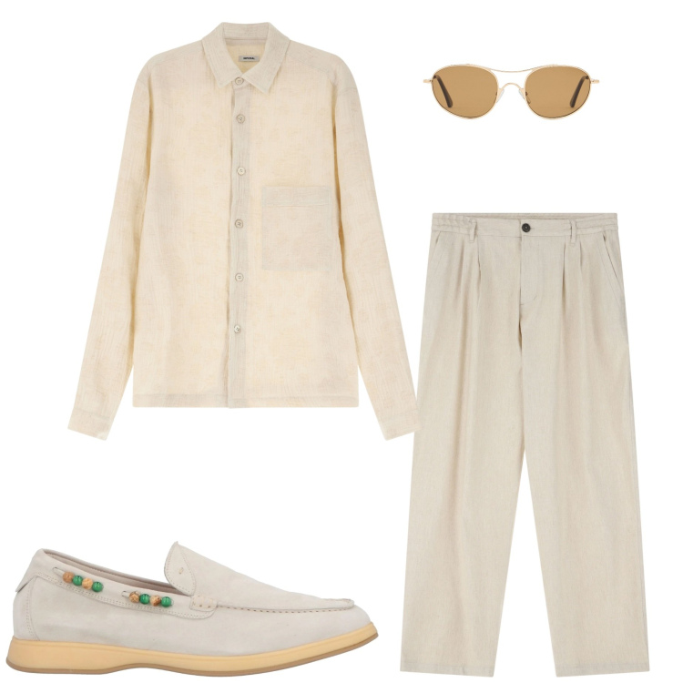 Outfit uomo - Tessuto sostenibile. Stile Trendy per Serata speciale. Abbinamento con scarpe stringate, pantaloni, camicie, occhiali da sole.