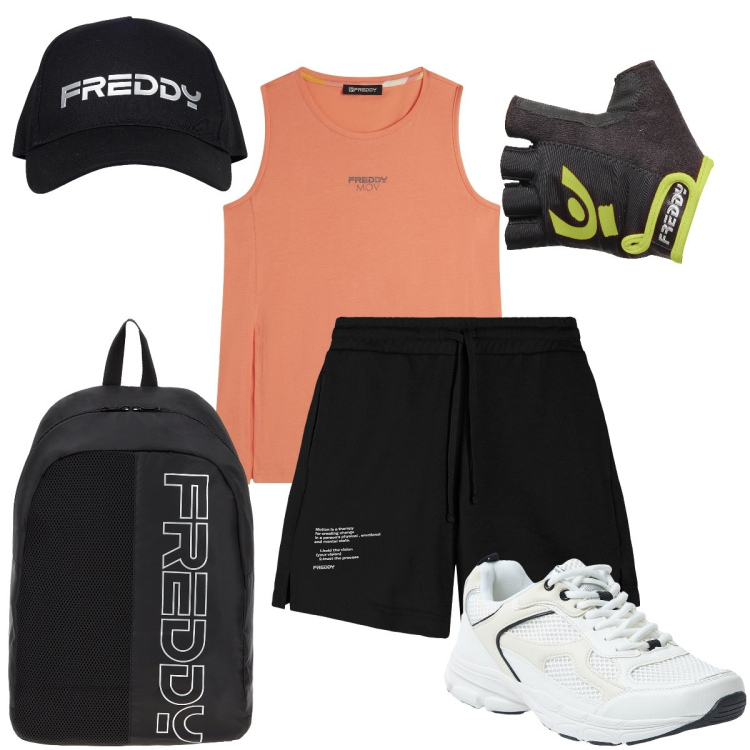 Outfit donna - Allenamento di cycling. Stile Sporty chic per Sport. Abbinamento con sneakers, canottiere, zaini, cappelli, pantaloni corti, guanti.