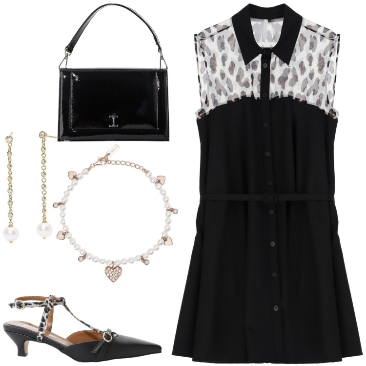 Outfit donna - Animalier e perle. Stile Casual chic per Ufficio. Abbinamento con orecchini, braccialetti, décolleté, borse a tracolla, vestiti corti.