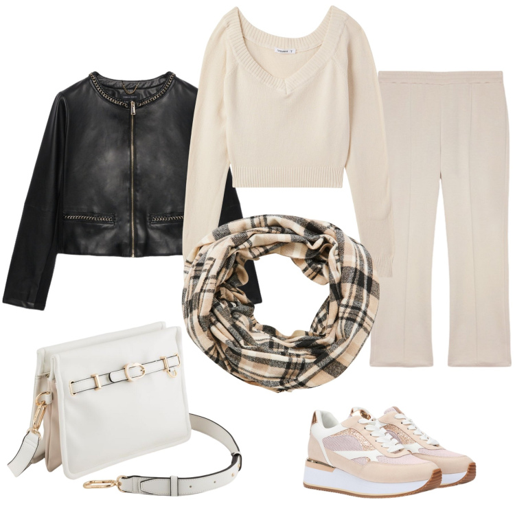 Outfit donna - Total look #2111239. Stile Casual per Tutti i giorni. Abbinamento con maglieria, sciarpe, pantaloni, sneakers, borse a tracolla, blazer.