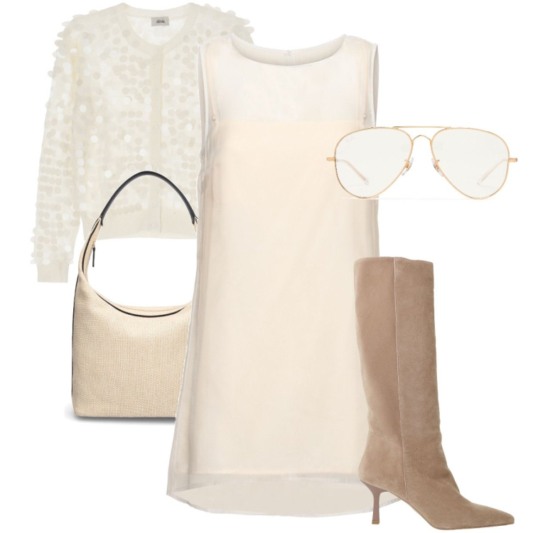 Outfit donna - Chic di giorno. Stile Chic per Tutti i giorni. Abbinamento con cardigans, stivali, vestiti corti, occhiali da sole, borse a spalla.