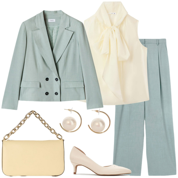Outfit donna - Perfetta per Pasqua. Stile Chic per Serata fuori. Abbinamento con décolleté, bluse, orecchini, pantaloni a palazzo, borse a tracolla, blazer.