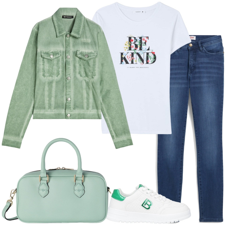 Outfit donna - Be kind. Stile Casual per Tutti i giorni. Abbinamento con jeans slim fit, sneakers, t-shirt, blazer, borse a mano.