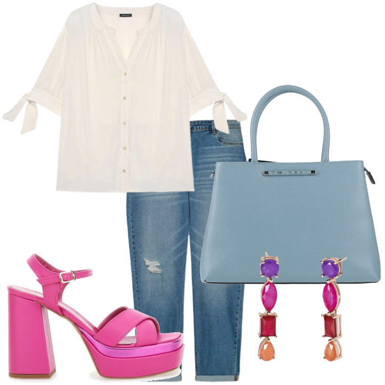Outfit donna - Accessori statement per la primavera. Stile Casual chic per Tutti i giorni. Abbinamento con borse a mano, orecchini, jeans strappati, camicie, sandali col tacco.