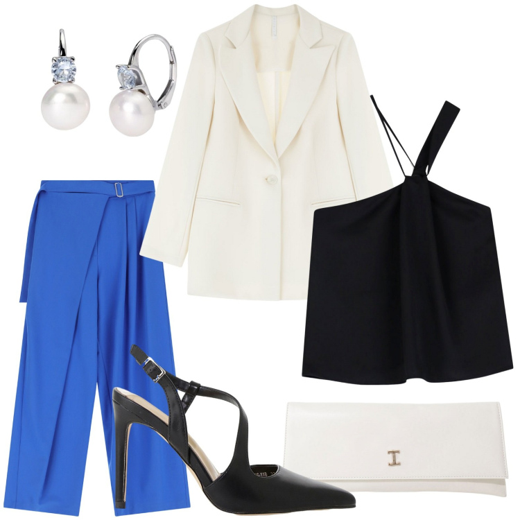 Outfit donna - IMPERIAL SS 2025: Urban Edge. Stile Chic per Ufficio. Abbinamento con orecchini, pantaloni a palazzo, blazer, décolleté, top, pochette.