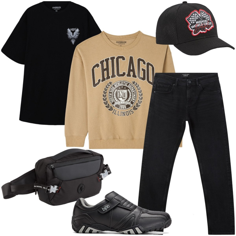 Outfit uomo - Weekend casual. Stile Casual per Tutti i giorni. Abbinamento con scarpe stringate, cappelli, jeans, t-shirt, felpe, borse sportive.