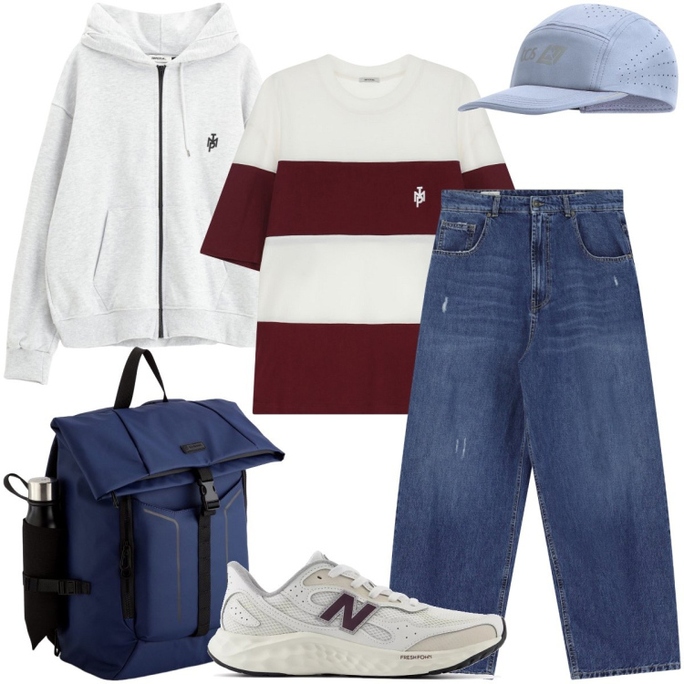 Outfit uomo - Gita fuori porta. Stile Urban per Tutti i giorni. Abbinamento con sneakers, cappelli, t-shirt, jeans, felpe con cappuccio, borse sportive.