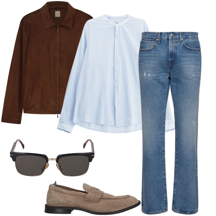 Outfit uomo - Colazione al bar. Stile Trendy per Tutti i giorni. Abbinamento con scarpe stringate, camicie, giacche, occhiali da sole, jeans.