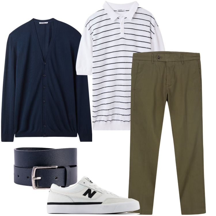 Outfit uomo - La polo a righe. Stile Urban per Ufficio. Abbinamento con cardigans, polo, sneakers, cinture, pantaloni chino.