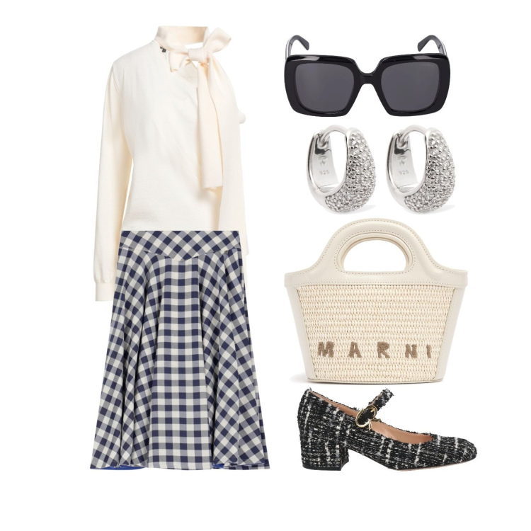 Outfit donna - Vichy e bouclè. Stile Bon Ton per Tutti i giorni. Abbinamento con pullovers, décolleté, gonne, orecchini, occhiali da sole, borse a mano.