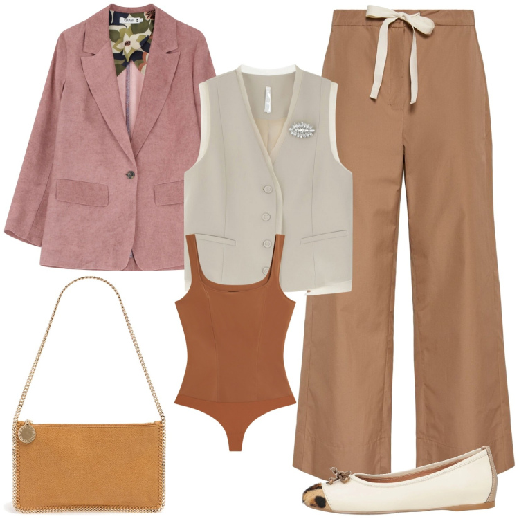 Outfit donna - Elegante con le ballerine. Stile Casual chic per Tutti i giorni. Abbinamento con ballerine, blazer, gilet, body, pochette, pantaloni.