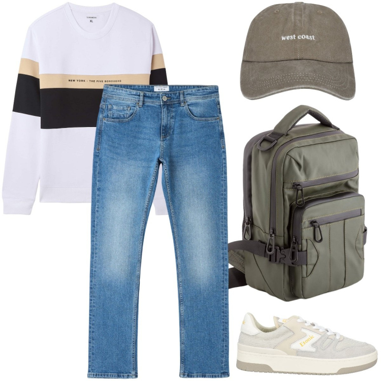 Outfit uomo - Accessori fango. Stile Casual per Tutti i giorni. Abbinamento con sneakers, cappelli, felpe con cappuccio, jeans dritti, borse sportive.