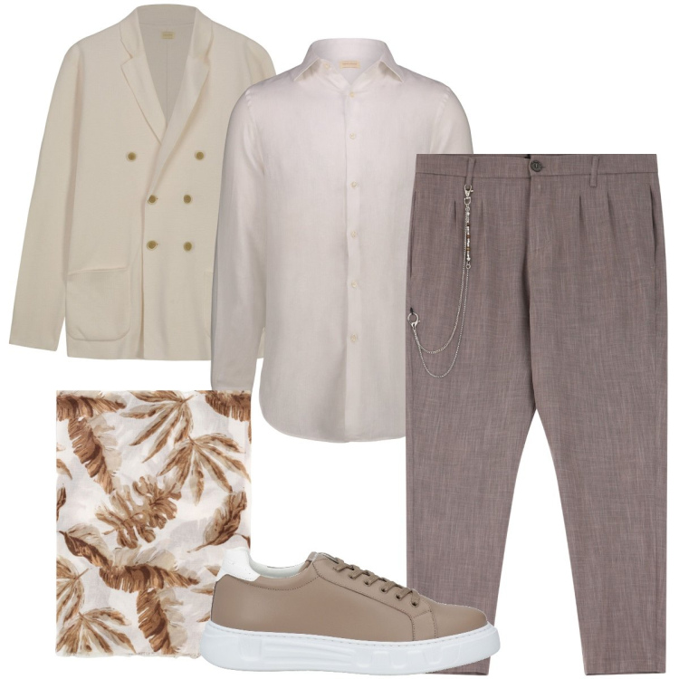 Outfit uomo - Il foulard a fantasia. Stile Trendy per Ufficio. Abbinamento con sneakers, pantaloni, sciarpe e foulard, camicie, cardigans.