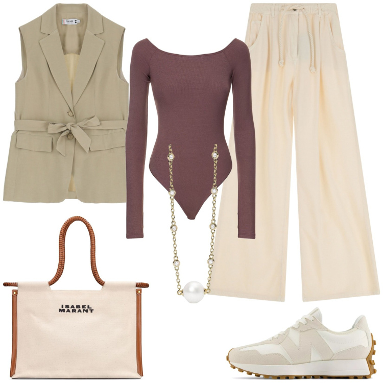 Outfit donna - Sneakers con eleganza. Stile Casual chic per Tutti i giorni. Abbinamento con collane, sneakers, gilet, jeans, body, shopping bag.