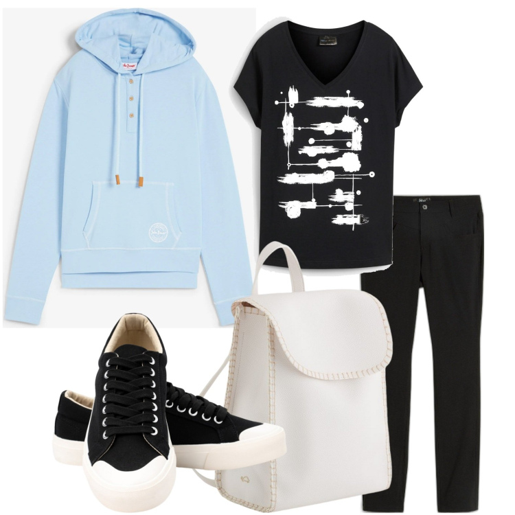 Outfit donna - T-shirt luminosa. Stile Minimal per Scuola/Università. Abbinamento con t-shirt, pantaloni, felpe con cappuccio, sneakers, zaini.