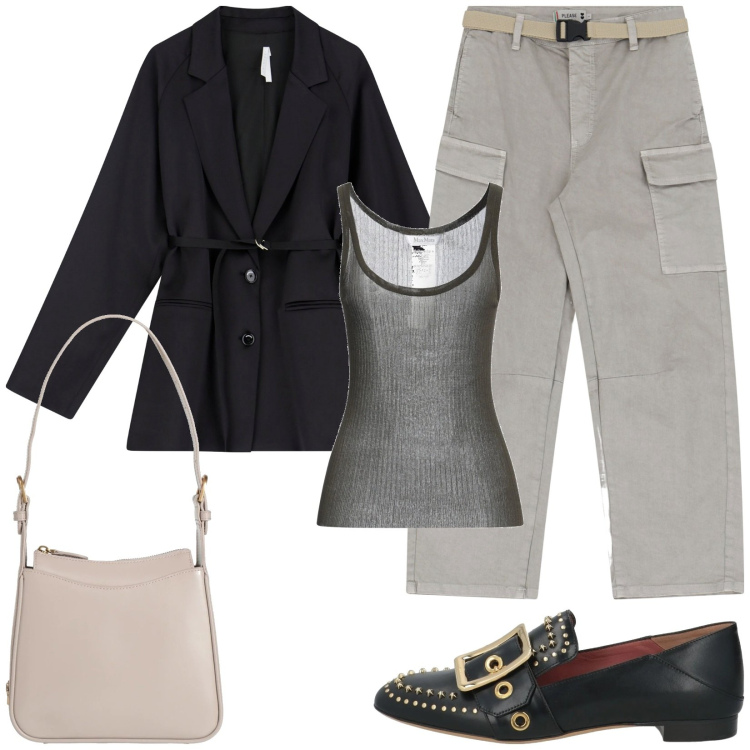 Outfit donna - Pantaloni cargo e mocassini. Stile Glamour per Tutti i giorni. Abbinamento con top, mocassini, borse a mano, pantaloni chino, blazer.