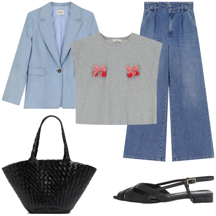 Outfit donna - Pronta per il weekend. Stile Casual per Tutti i giorni. Abbinamento con jeans, blazer, sandali, t-shirt, shopping bag.