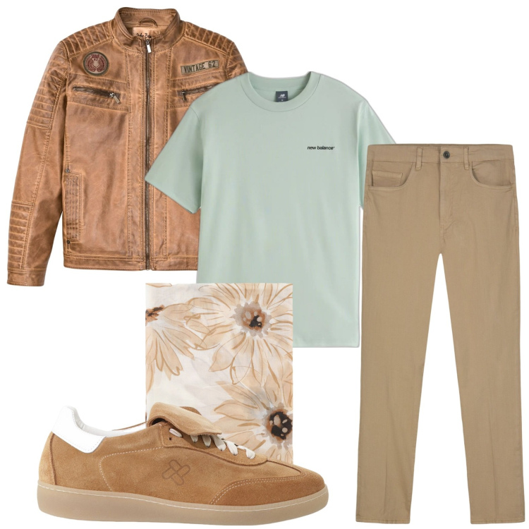 Outfit uomo - Sofisticato brown. Stile Casual per Tutti i giorni. Abbinamento con giacche, t-shirt, sciarpe e foulard, sneakers, pantaloni.