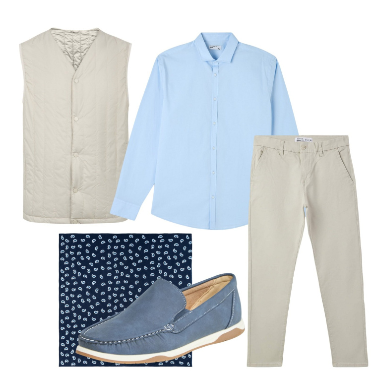 Outfit uomo - L\'accessorio foulard. Stile Trendy per Tutti i giorni. Abbinamento con scarpe stringate, pantaloni chino, camicie, piumini, sciarpe e foulard.