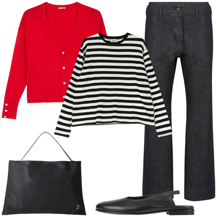 Outfit donna - Travel look. Stile Casual per Tutti i giorni. Abbinamento con ballerine, borse a spalla, t-shirt, pantaloni, cardigans.