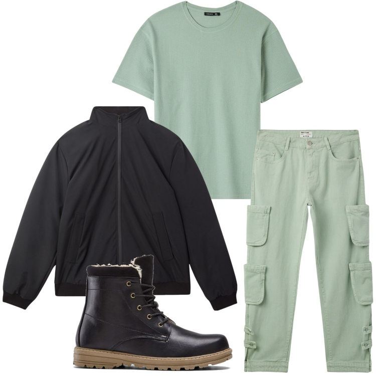 Outfit uomo - Relax in verde. Stile Casual per Tutti i giorni. Abbinamento con stivali e stivaletti, t-shirt, jeans, giacche.