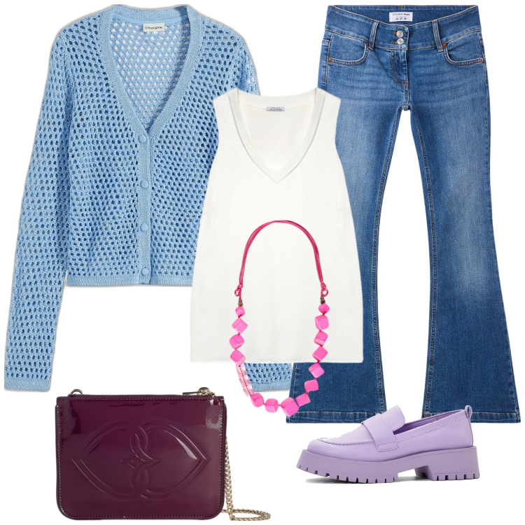 Outfit donna - Weekend. Stile Casual per Tutti i giorni. Abbinamento con cardigans, mocassini, jeans, top, collane, pochette.