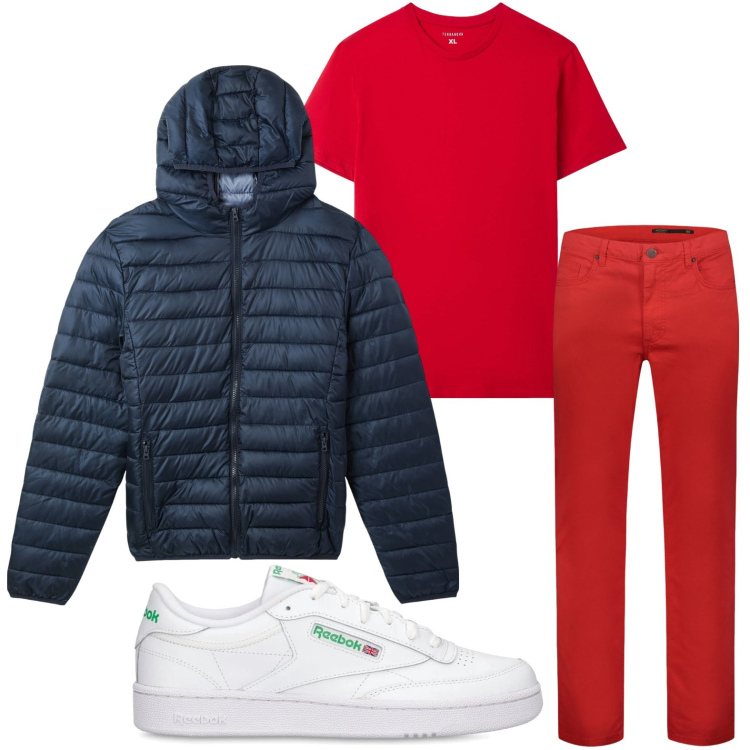 Outfit uomo - Rosso passion. Stile Casual per Tutti i giorni. Abbinamento con piumini, t-shirt, pantaloni, sneakers.