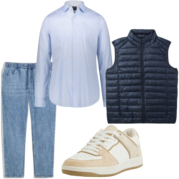 Outfit uomo - La camicia classica. Stile Trendy per Tutti i giorni. Abbinamento con jeans dritti, piumini, sneakers, camicie.
