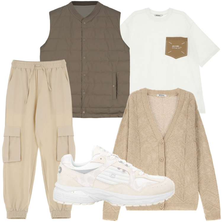 Outfit uomo - I cargo casual. Stile Casual per Tutti i giorni. Abbinamento con sneakers, cardigans, pantaloni cargo, t-shirt, gilet.